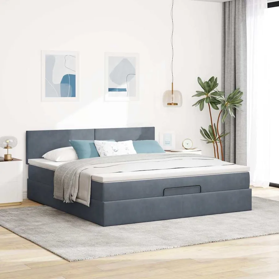 Cadre de lit ottoman avec matelas gris foncé 160x200 cm velours - 3