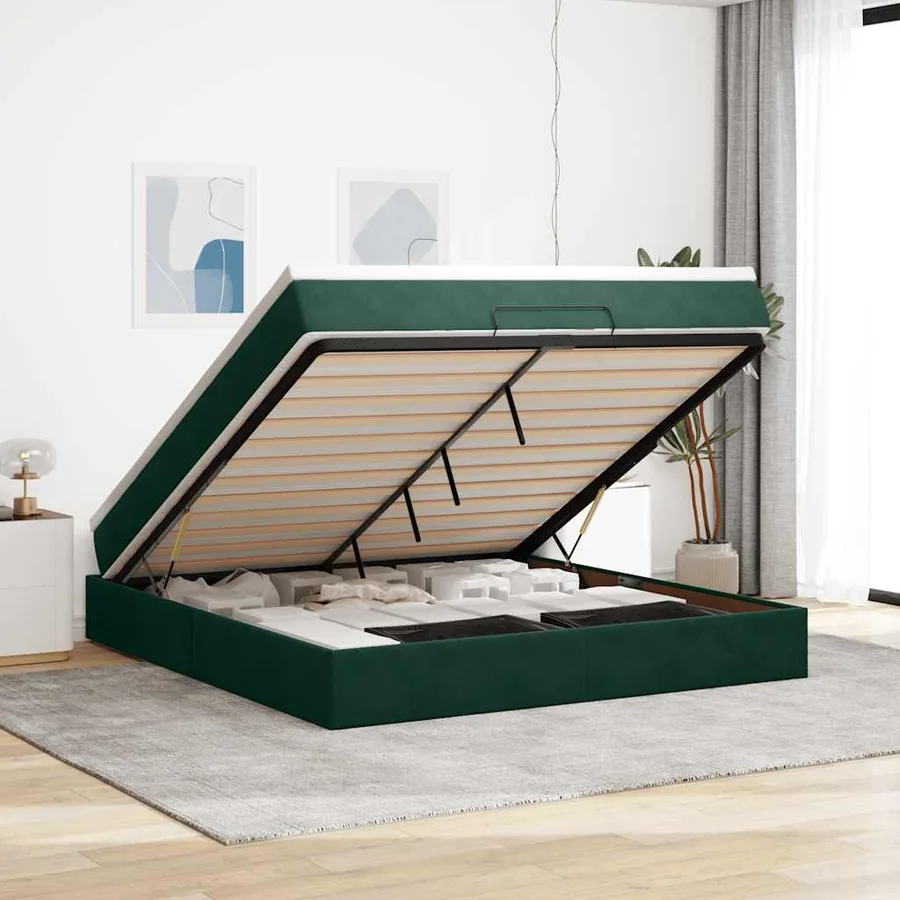 Cadre de lit ottoman avec matelas vert foncé 160x200 cm velours