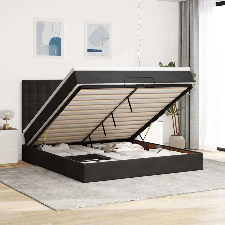 Cadre de lit ottoman avec matelas noir 160x200 cm velours