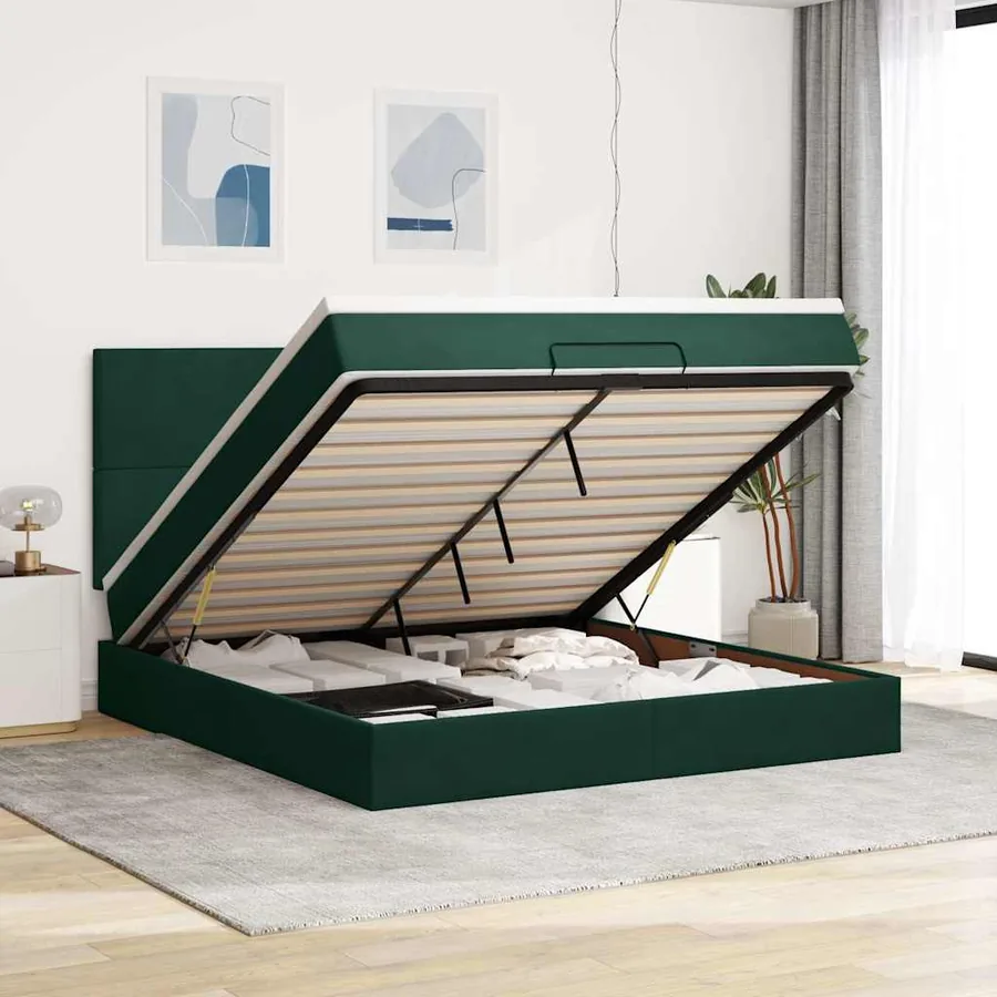 Cadre de lit ottoman avec matelas vert foncé 160x200 cm velours