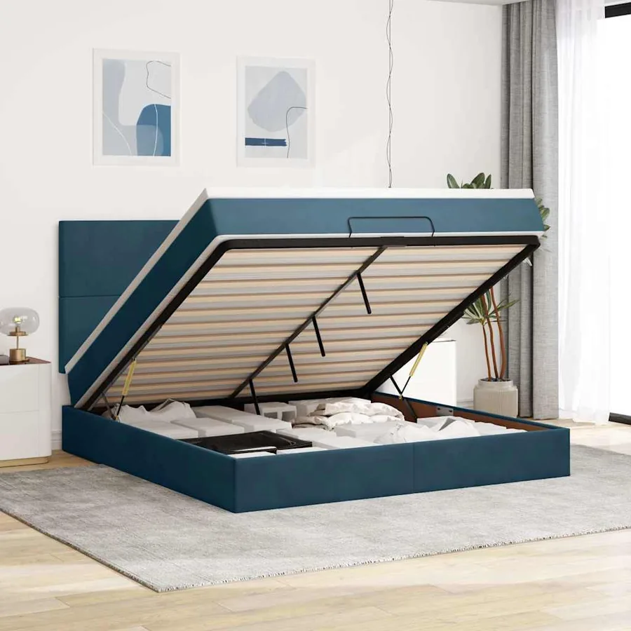 Cadre de lit ottoman avec matelas bleu foncé 160x200 cm velours