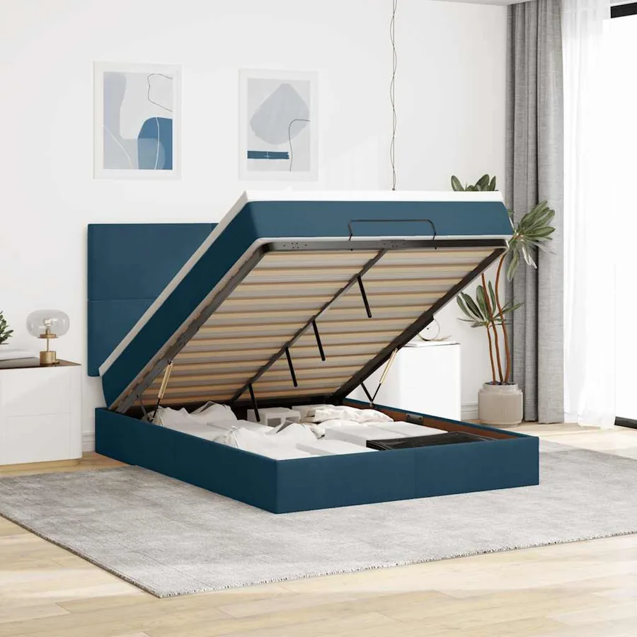 Cadre de lit ottoman avec matelas bleu foncé 140x200 cm velours