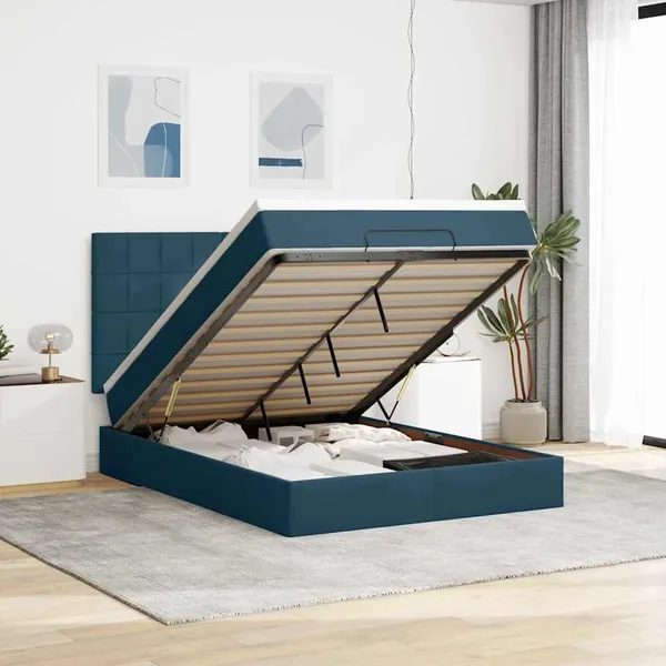 Cadre de lit ottoman avec matelas bleu foncé 140x200 cm velours