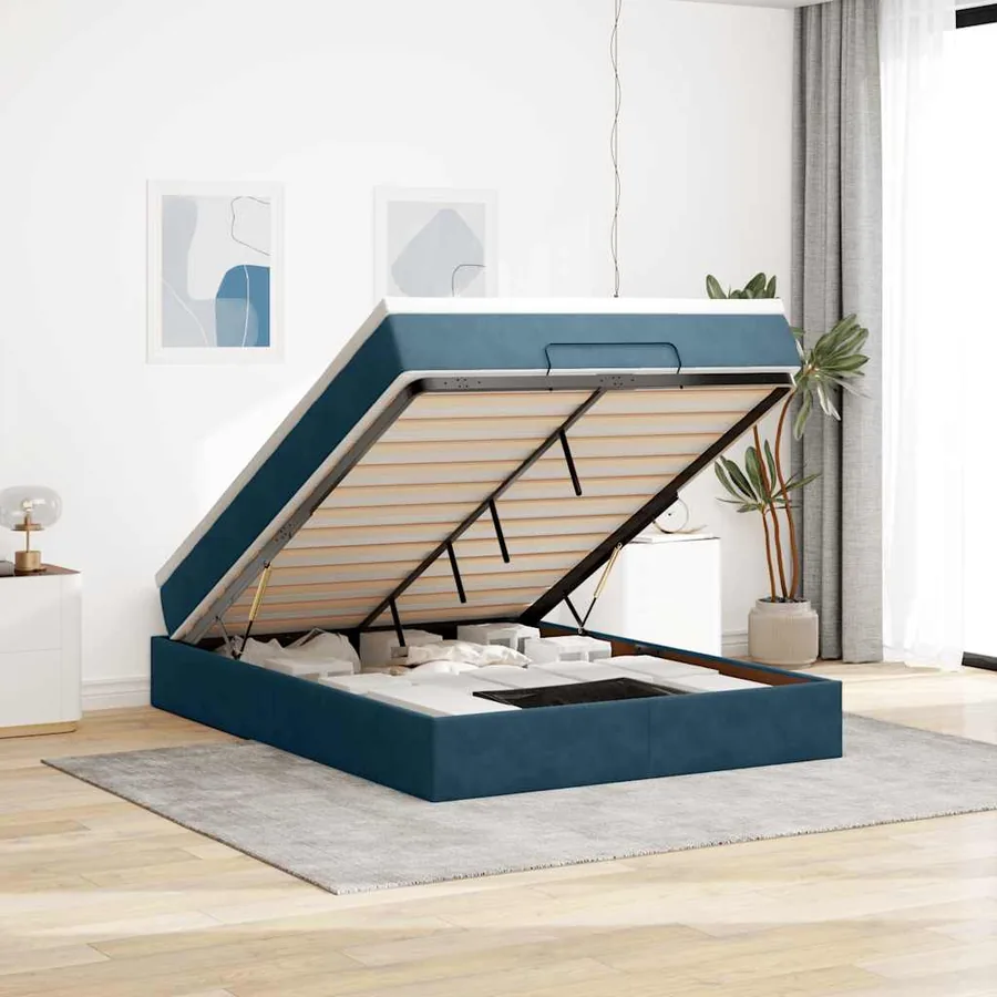 Cadre de lit ottoman avec matelas bleu foncé 140x200 cm velours