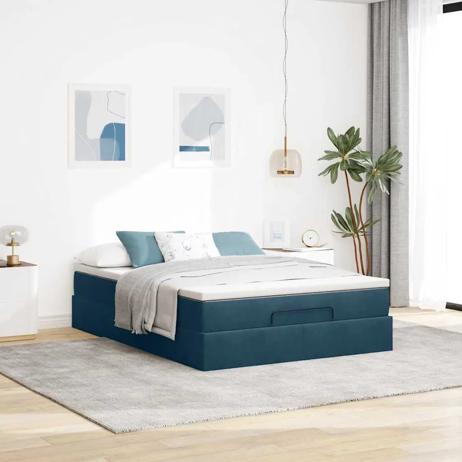 Cadre de lit ottoman avec matelas bleu foncé 140x200 cm velours - 3