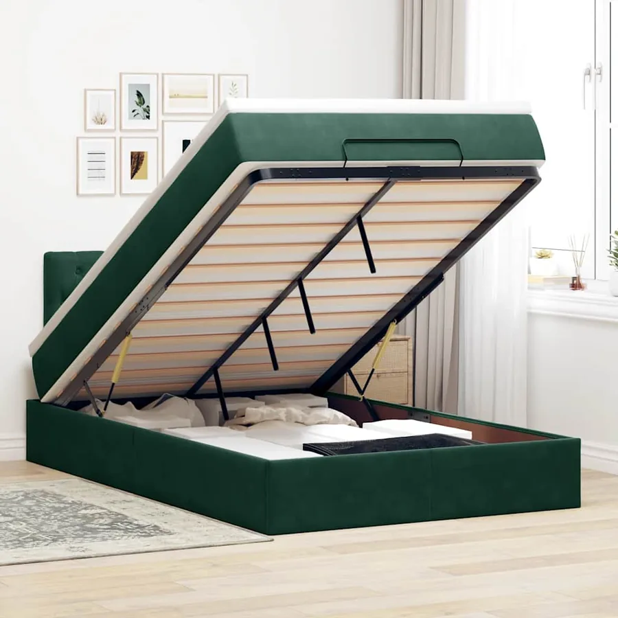 Cadre de lit ottoman avec matelas vert foncé 120x200 cm velours