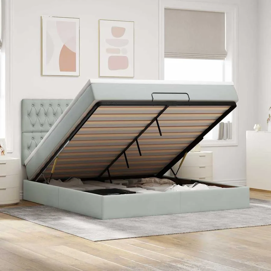 Cadre de lit ottoman et matelas gris clair 180x200cm velours