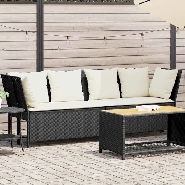 Canapé de jardin avec coussins Noir Résine tressée