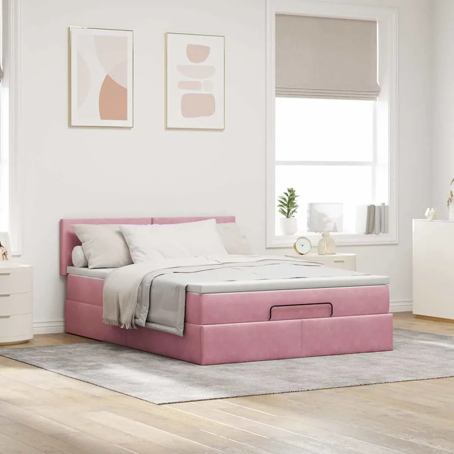 Cadre de lit ottoman avec matelas rose 140x190 cm velours - 3
