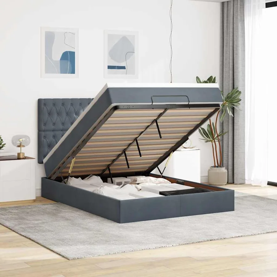 Cadre de lit ottoman avec matelas gris foncé 140x190 cm velours