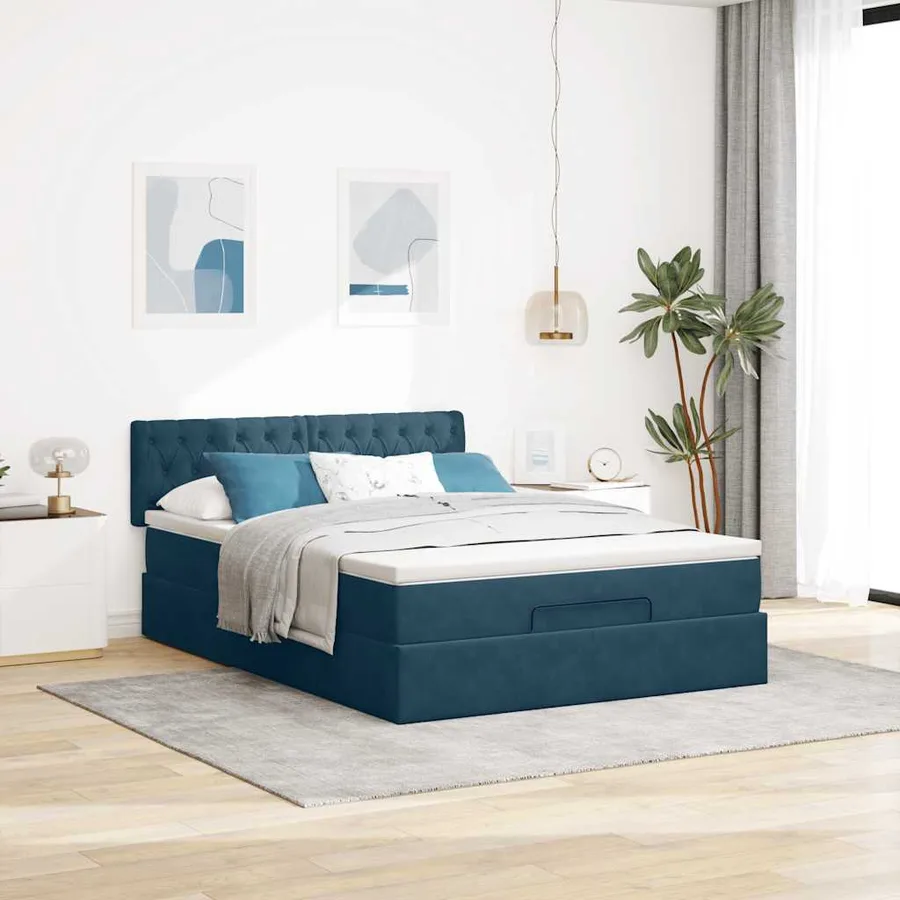 Cadre de lit ottoman avec matelas bleu foncé 140x190 cm velours - 4