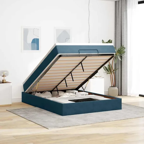 Cadre de lit ottoman avec matelas bleu foncé 140x190 cm velours