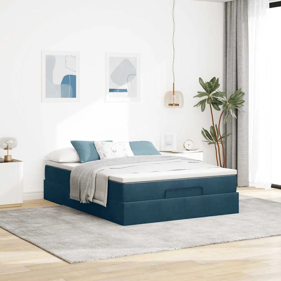 Cadre de lit ottoman avec matelas bleu foncé 140x190 cm velours - 3