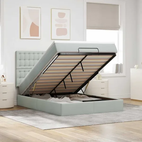 Cadre de lit ottoman avec matelas gris clair 140x200 cm velours