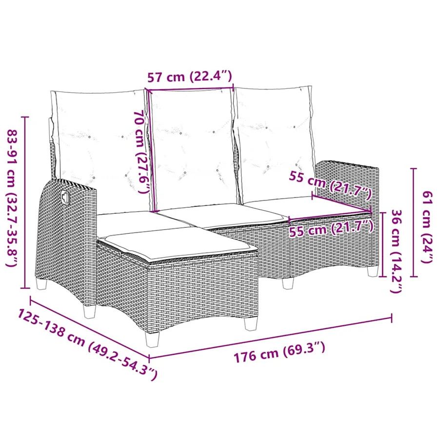 Canapé de jardin inclinable coussins forme de L noir polyrotin - 13