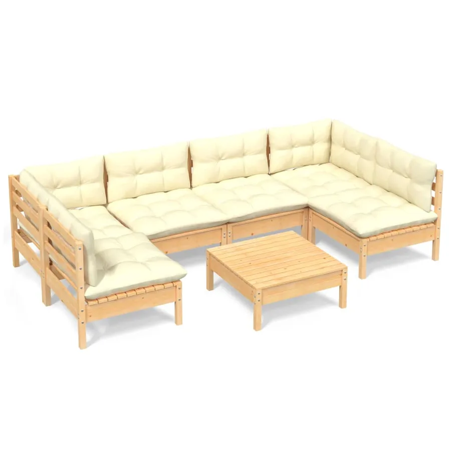 Salon de jardin 7 pcs avec coussins crème bois de pin massif - 2