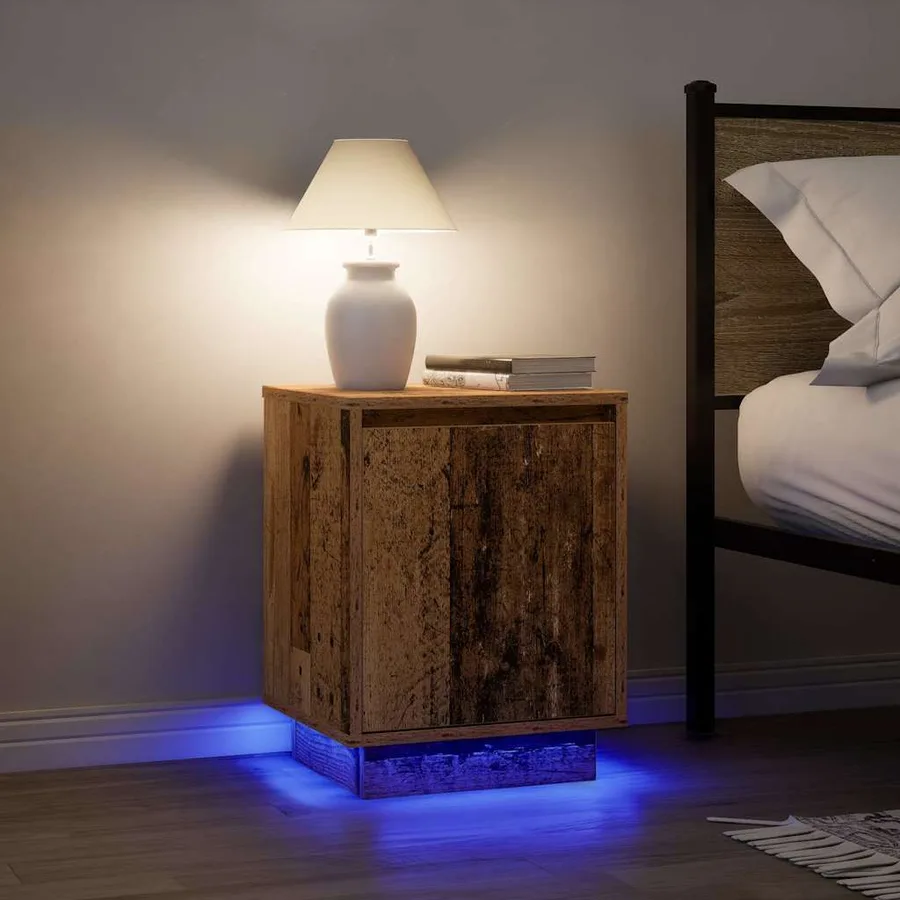 Table de chevet avec lumières LED vieux bois 38x34x50 cm - 5