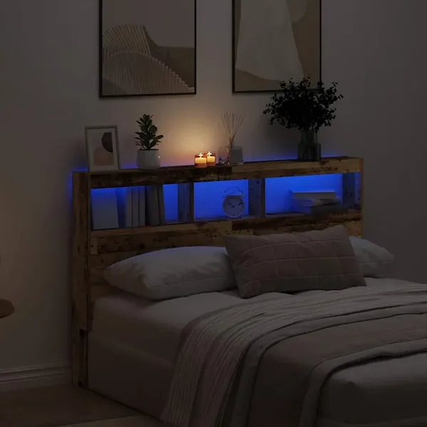 Armoire tête de lit avec LED vieux bois 160x17x102 cm