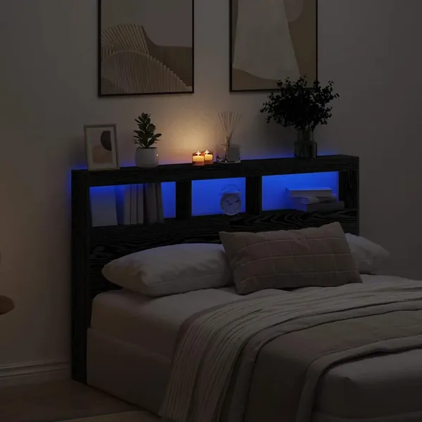 Armoire tête de lit avec LED chêne noir 160x17x102 cm