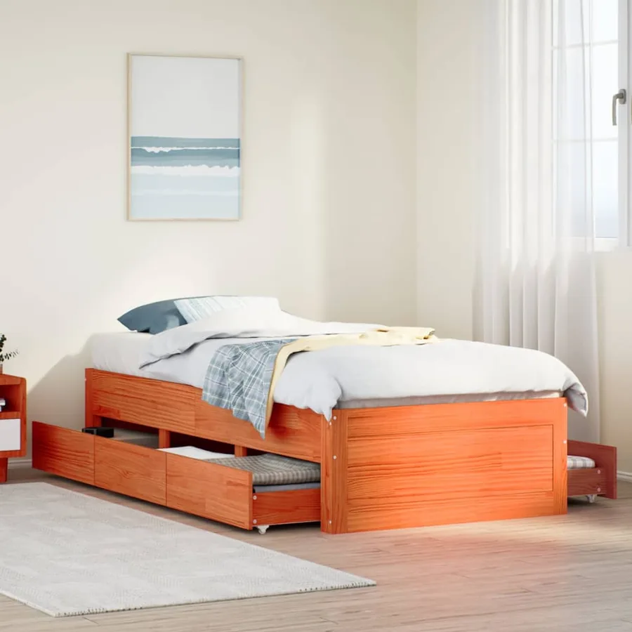 Cadre de lit sans matelas avec tiroirs 90x200cm bois pin massif