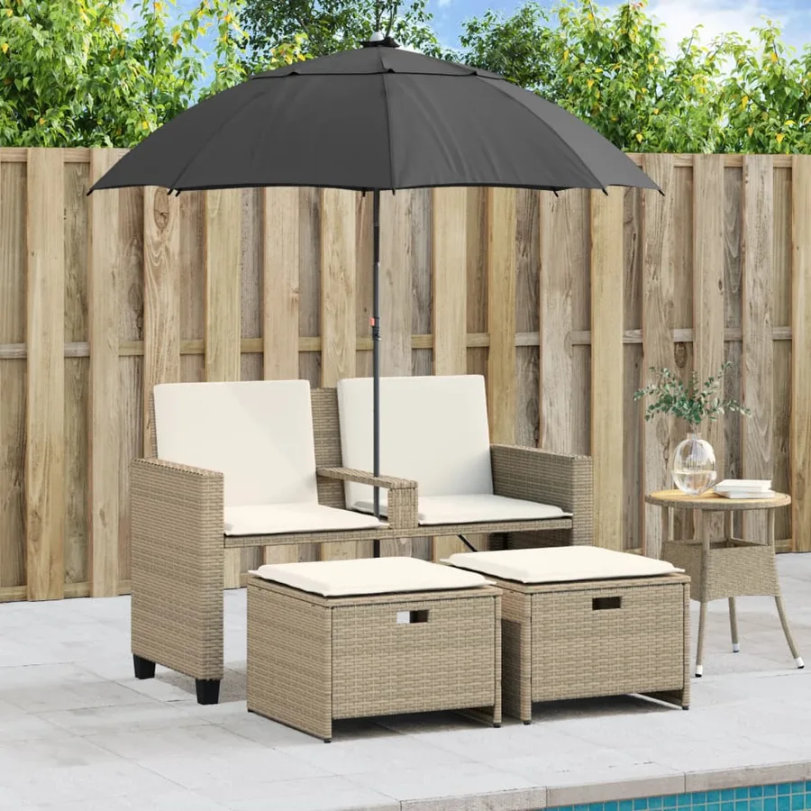 Canapé de jardin 2 places avec parasol et tabourets beige rotin - 3