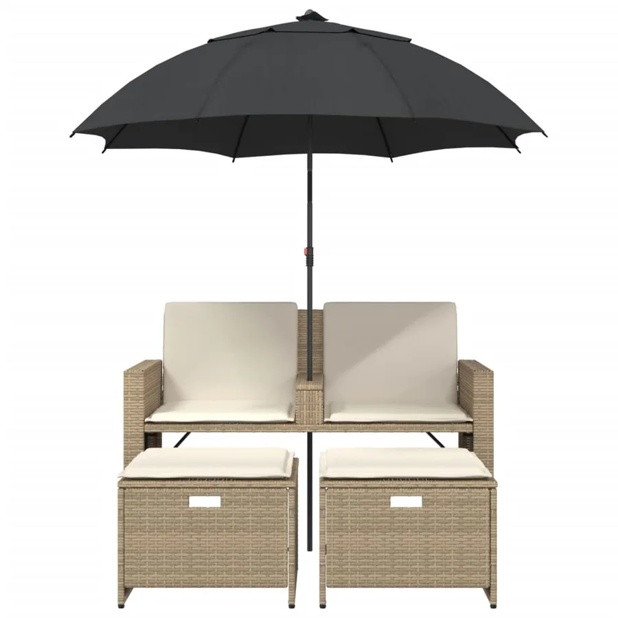 Canapé de jardin 2 places avec parasol et tabourets beige rotin - 4