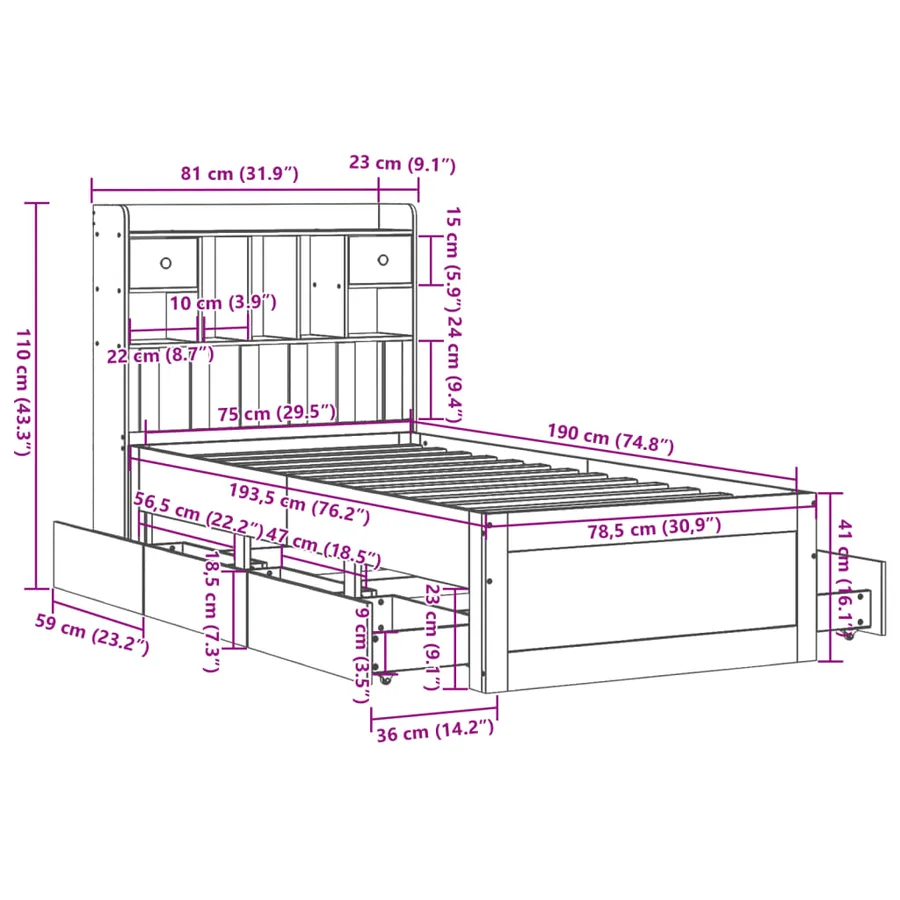 Lit bibliothèque sans matelas cire marron 75x190 cm pin massif - 16