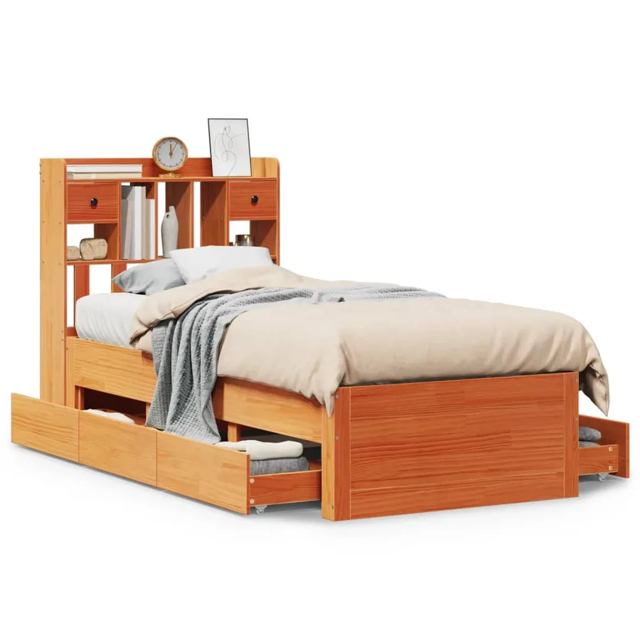 Lit bibliothèque sans matelas cire marron 75x190 cm pin massif - 2