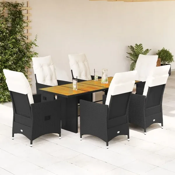 Ensemble à manger de jardin coussins 7 pcs noir résine tressée