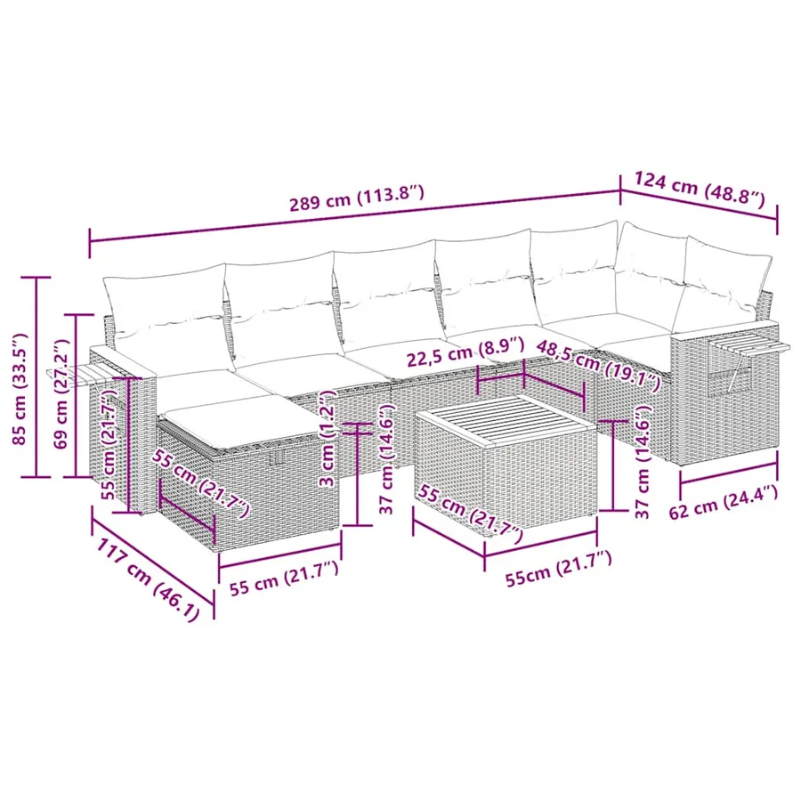 Salon de jardin 8 pcs avec coussins gris résine tressée - 17