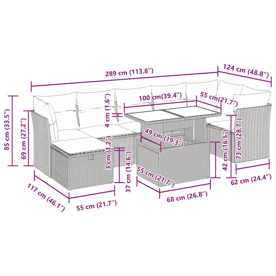Salon de jardin 8 pcs avec coussins gris résine tressée - 15