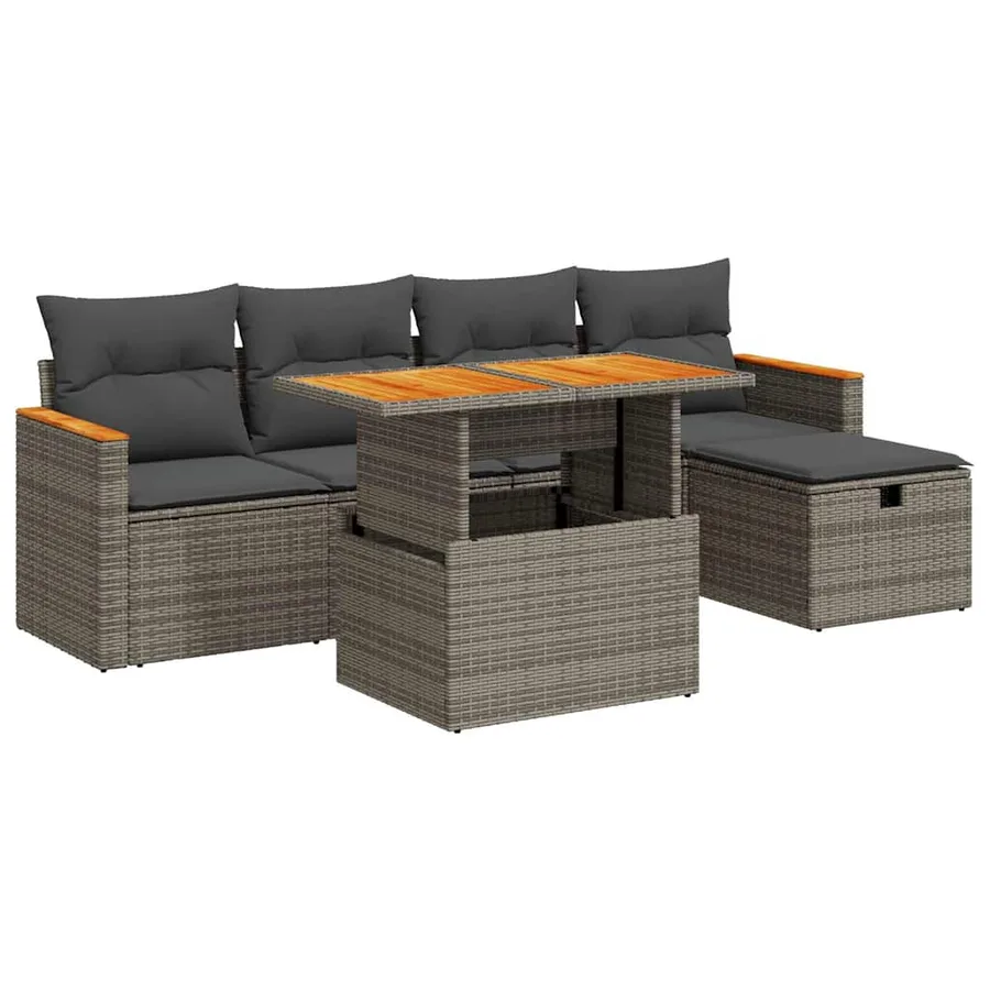 Salon de jardin 6 pcs avec coussins gris résine tressée - 2