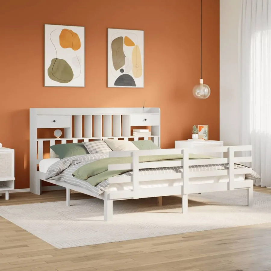 Lit bibliothèque sans matelas blanc 180x200 cm bois pin massif