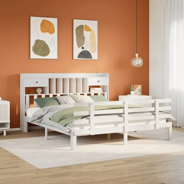 Lit bibliothèque sans matelas blanc 180x200 cm bois pin massif