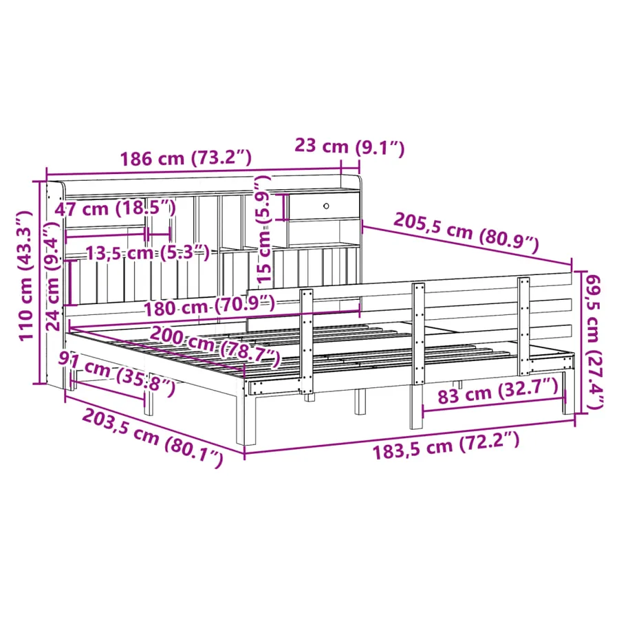 Lit bibliothèque sans matelas blanc 180x200 cm bois pin massif - 11