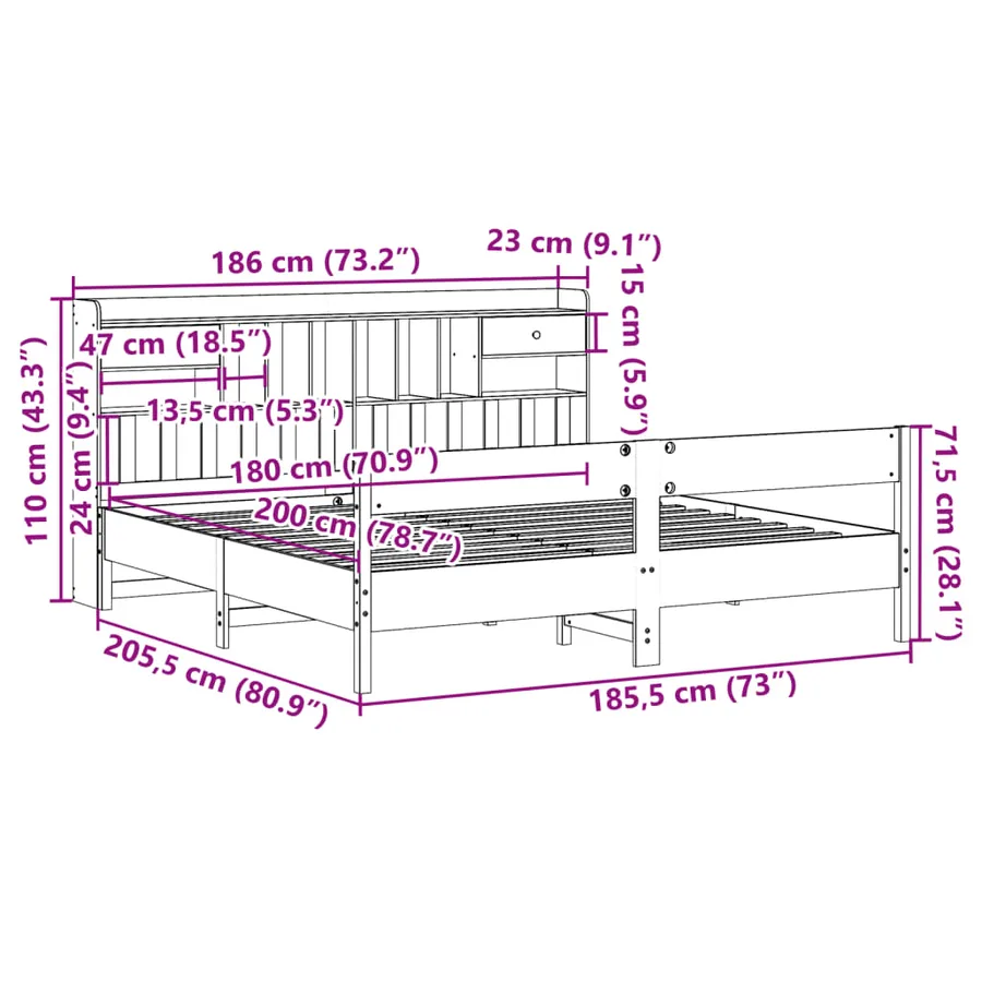 Lit bibliothèque sans matelas blanc 180x200 cm bois pin massif - 11