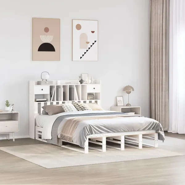 Lit bibliothèque sans matelas blanc 150x200 cm bois pin massif