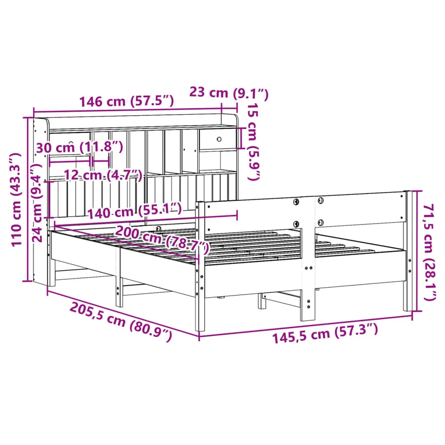Lit bibliothèque sans matelas 140x200 cm bois massif de pin - 11