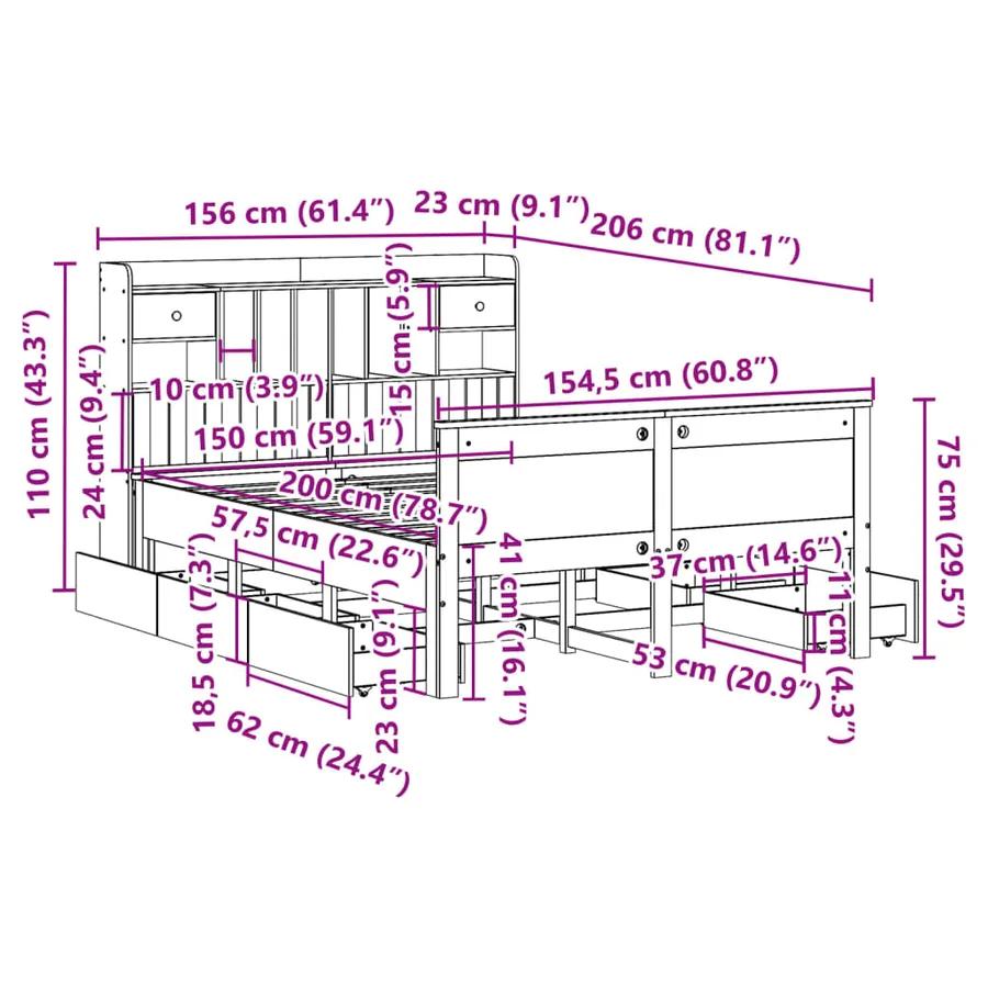 Lit bibliothèque sans matelas blanc 150x200 cm bois pin massif - 16