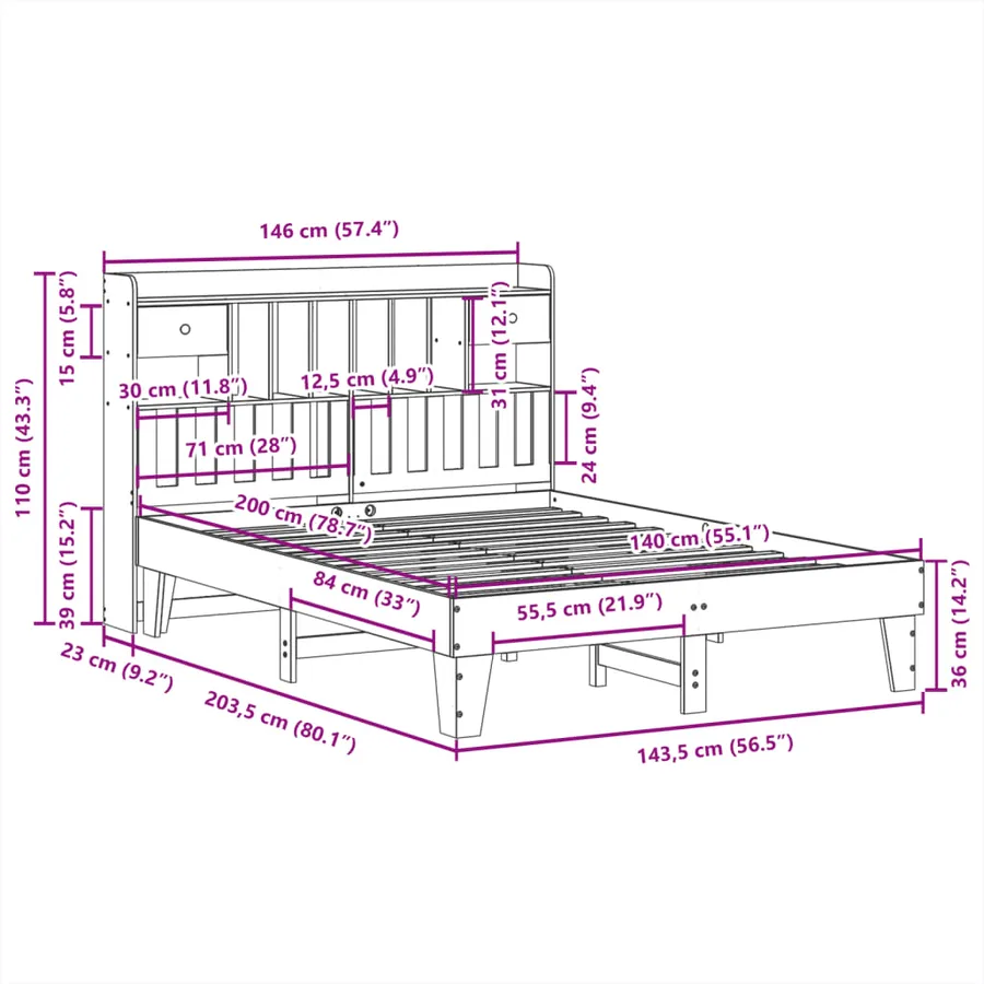 Cadre de lit sans matelas 140x200 cm bois massif de pin - 11