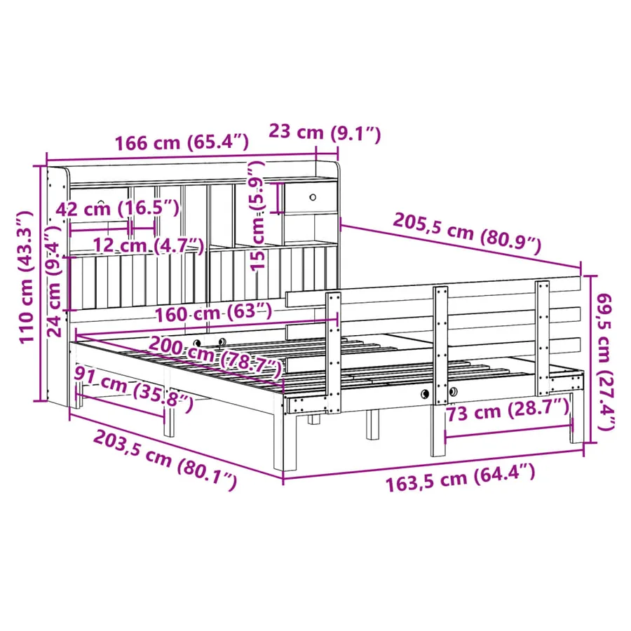 Lit bibliothèque sans matelas blanc 160x200 cm bois pin massif - 11