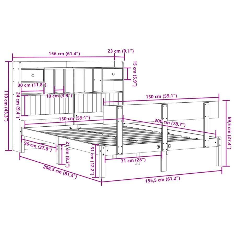Lit bibliothèque sans matelas blanc 150x200 cm bois pin massif - 11
