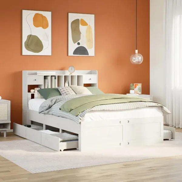 Lit bibliothèque sans matelas blanc 140x190 cm bois pin massif