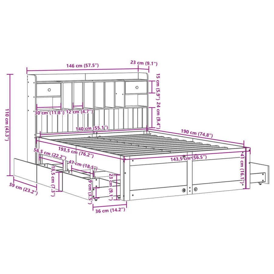 Lit bibliothèque sans matelas blanc 140x190 cm bois pin massif - 16