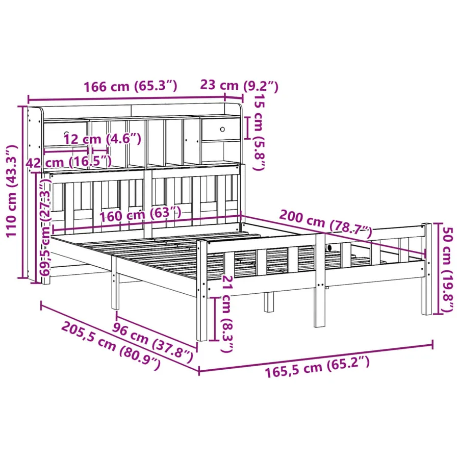 Lit bibliothèque sans matelas cire marron 160x200 cm pin massif - 11