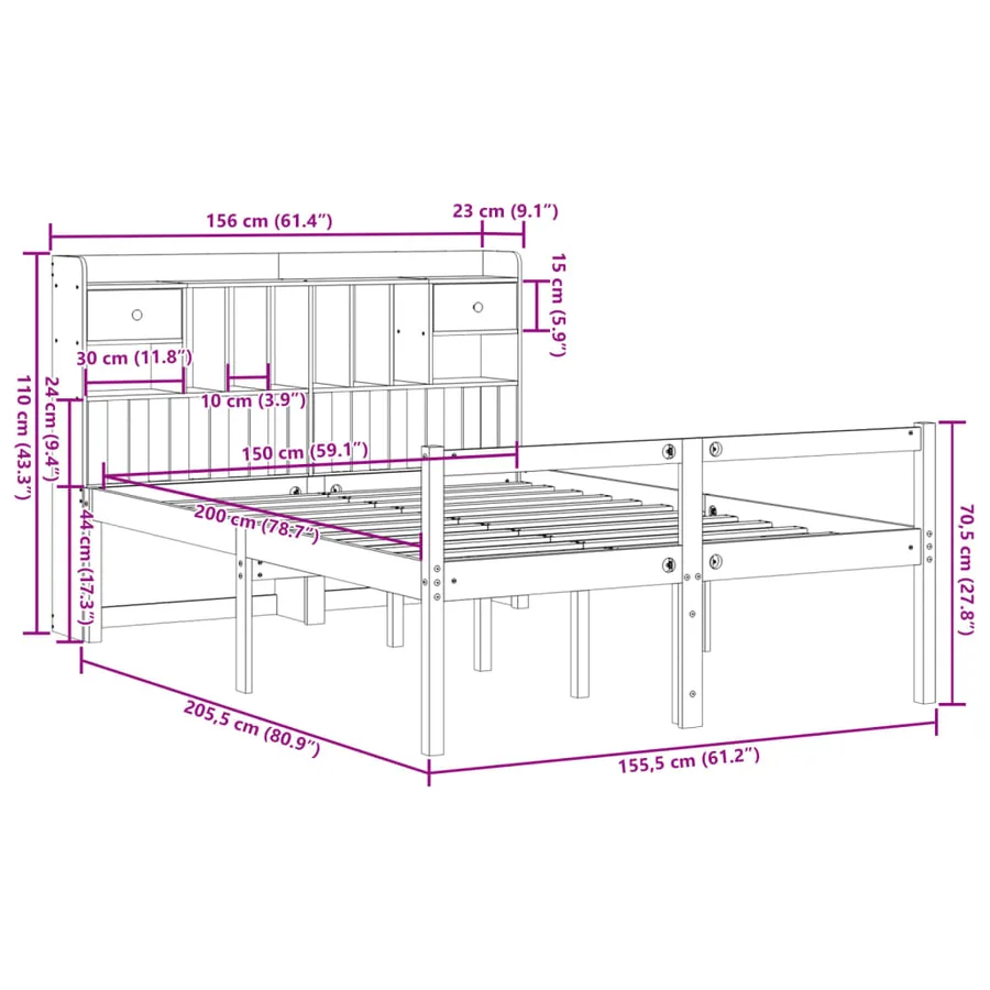 Lit bibliothèque sans matelas cire marron 150x200 cm pin massif - 11
