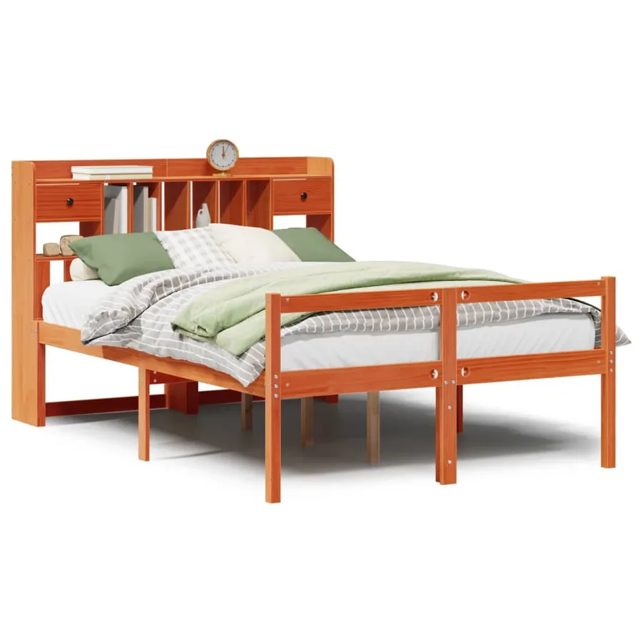 Lit bibliothèque sans matelas cire marron 150x200 cm pin massif - 2