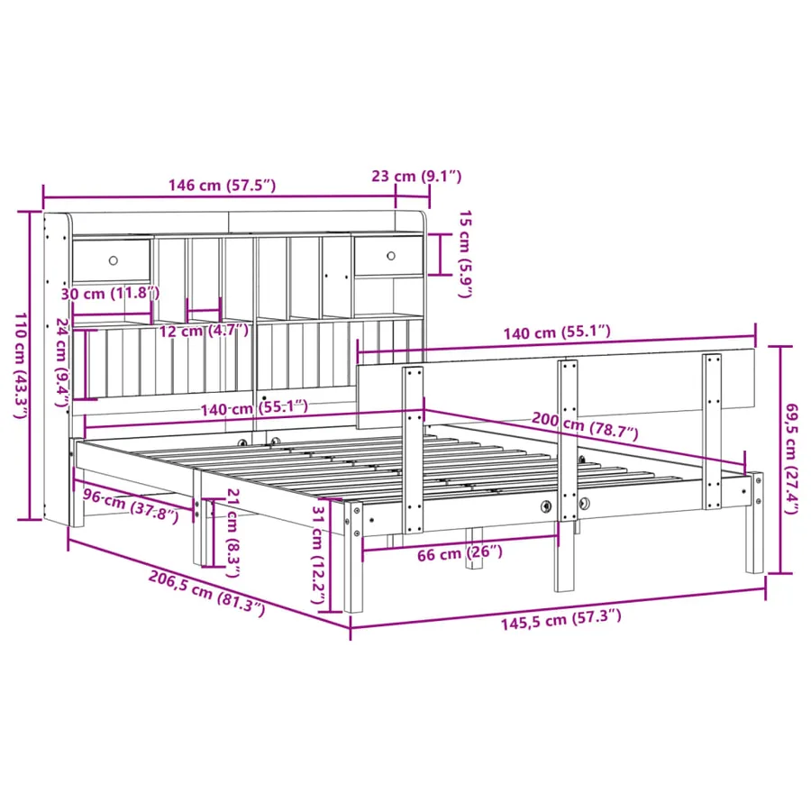 Lit bibliothèque sans matelas blanc 140x200 cm bois pin massif - 11