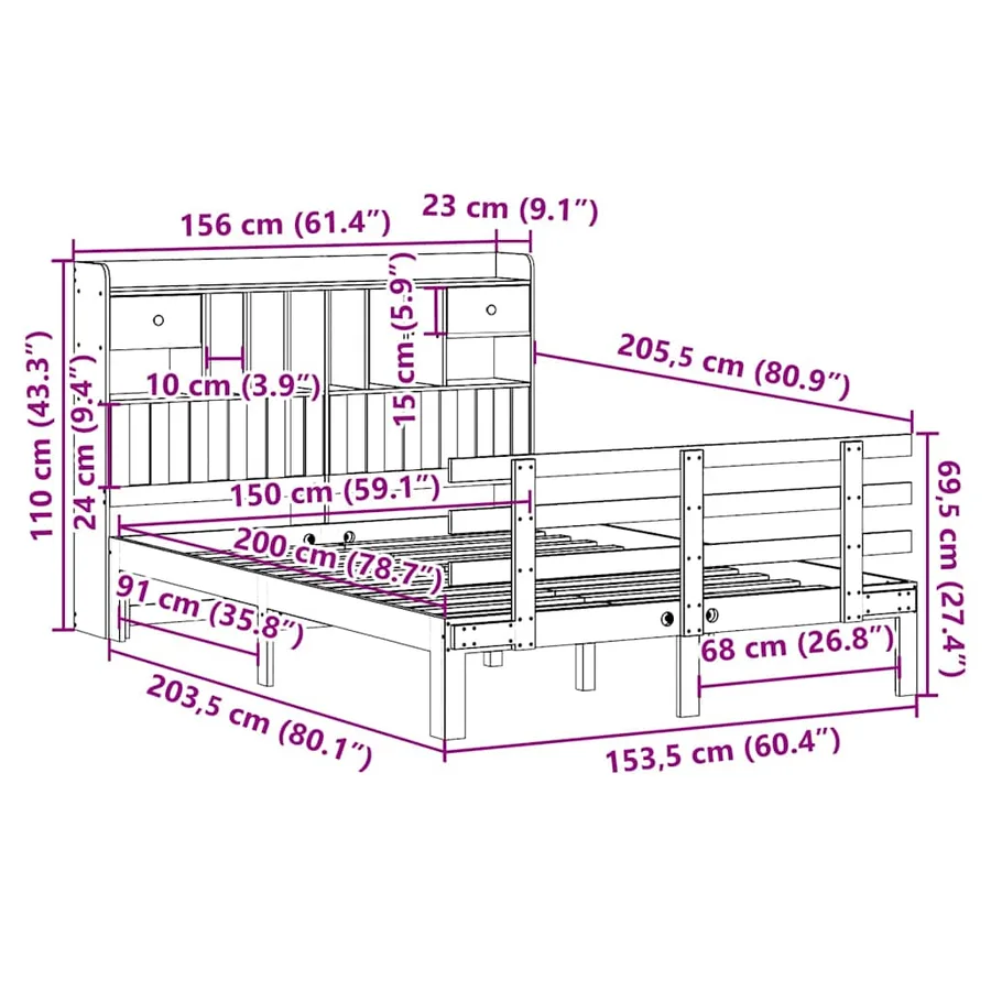 Lit bibliothèque sans matelas cire marron 150x200 cm pin massif - 11