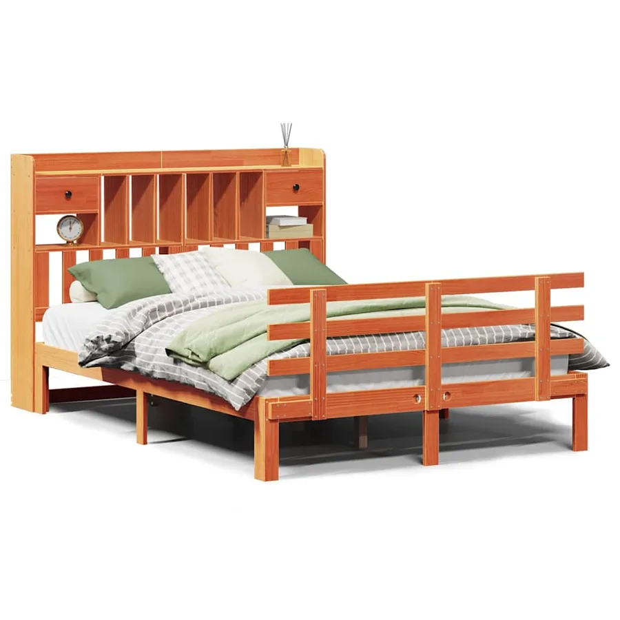 Lit bibliothèque sans matelas cire marron 150x200 cm pin massif - 2